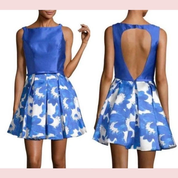 NEW $220 Glamour by Terani Couture [ 8 ] Floral Open Back Mini‎ Dress Blue - Picture 1 of 15